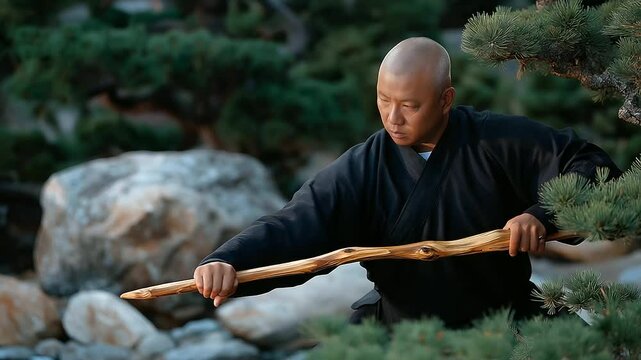 Kung Fu Master Demonstrating Technique with Wooden Staff and Stones
