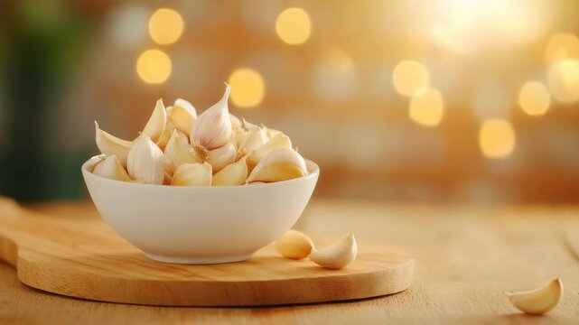 Garlic clove in white bowl on wooden cutting board with warm bokeh light background creating cozy kitchen atmosphere for natural cooking ingredient food spice herb preparation