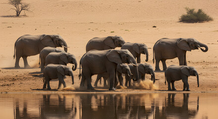 A herd of elephants walking in the african desert near water in a bright day