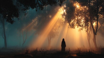 A woman walking alone in a fantasy forest embracing nature's retreat amid morning fog