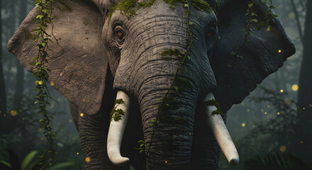 A majestic elephant in a lush forest setting with artistic detail and vibrant colors