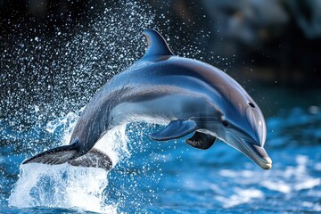 Fototapeta premium A gray dolphin leaps gracefully from the blue ocean with splashing water. Use this vibrant image to represent intelligence, fun, and ocean conservation.