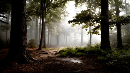 Obraz premium A quiet and misty forest scene, captured in retro postcard style, with light gently filtering through the trees and adding a peaceful atmosphere.