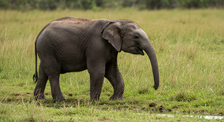 A Young African Elephant Walking Through a Grassy Field in Nature