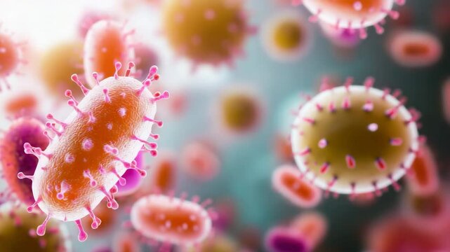 Microscopic virus particle with pink spike proteins showing detailed structure in vibrant colors, medical science view of infection, disease biology and protein analysis