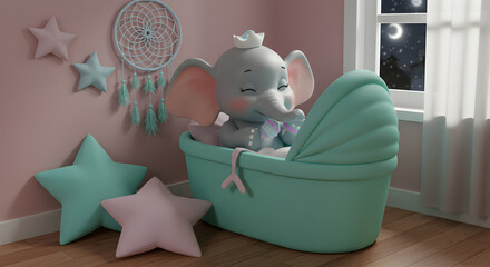 Adorable Cartoon Elephant in a Crib with Stars and Dreamcatcher in a Nursery