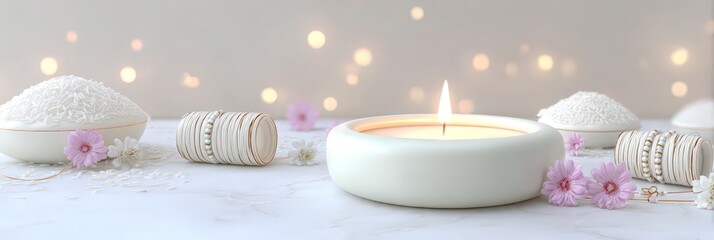 Elegant candle and floral arrangement with rice and decorative beads on marble surface
