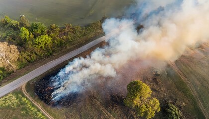 Firefly symbolizes ruin and rejuvenation in a rural landscape affected by fire near a winding road
