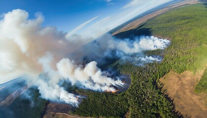 Firefighters combat a significant forest fire in a vast woodland area under clear skies