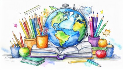 Colorful artistic arrangement of school supplies surrounding a globe and books for educational setting
