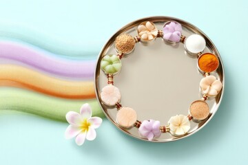 Elegant spice arrangement on mirror with rainbow cloth and frangipani flower