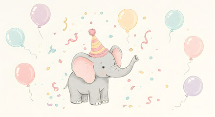 Adorable Cartoon Elephant with Balloons Celebrating a Birthday in an Illustration