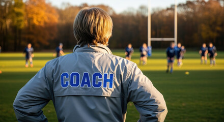 Fototapeta premium Sports coach observing team practice on grassy field during autumn afternoon with players warming up in the background