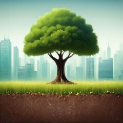 Large tree stands tall among city skyline with green grass in foreground during daylight hours