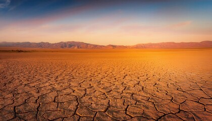 Cracked desert landscape with shimmering heat waves in a parched expanse at dusk