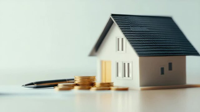 Miniature house with black roof and stacks of gold coins near pen on white surface symbolizing real estate investment finance savings money planning for home investment and financial growth