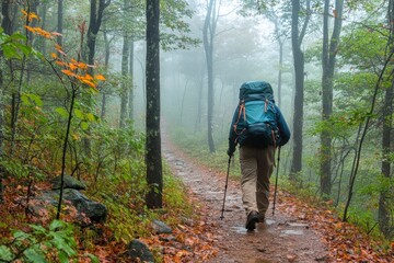 Obraz premium A hiker walks into the foggy forest trail with a big backpack. Use for adventure, wellness, or outdoor lifestyle concepts.