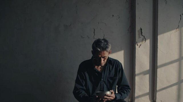 Man sits in a sunlit room, reflecting quietly while holding a small object in his hands, embracing solitude and contemplation