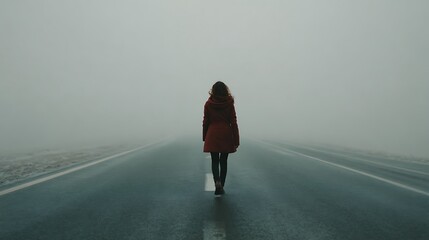 Lonely woman walking alone on an empty foggy road with minimal surroundings. Concept of solitude, isolation, quietness and emotional journey through mist and silence