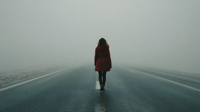 Lonely woman walking on a foggy empty road, minimal surroundings, calm modern business and digital concept, ideal for presentation cover, dashboard, and marketing template