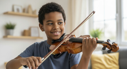 Smiling young boy playing violin at home in a sunny living room, enjoying music practice with natural light