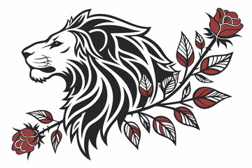 Obraz premium Tribal lion head with red roses design