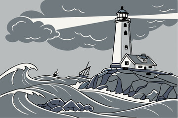 Lighthouse beacon in stormy sea waves
