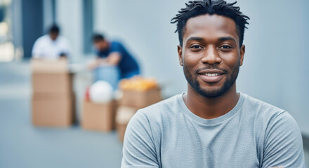 Naklejka premium Confident young man smiling outdoors with moving boxes and people in the background on a sunny day