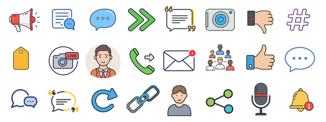 Fototapeta premium Set of communication and social media icons in colorful flat design 