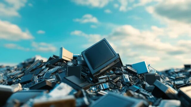 Old monitor and electronic waste piled outdoors cloudy blue sky highlighting technology recycling, discarded electronics, computer parts, electronic scrap, e waste, and environmental impact concerns