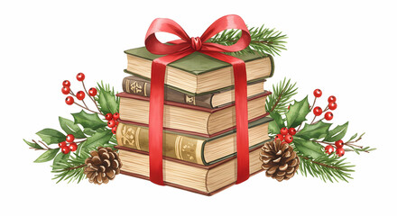 Christmas Book Stack Gift Watercolor Illustration