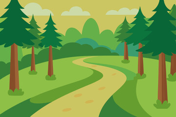 Obraz premium Serene Winding Path Through Lush Evergreen Forest A Picturesque Nature Scene