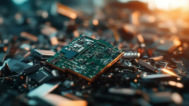 Circuit board electronic waste illuminated by warm sunlight, technology recycling concept featuring detailed microchip and components, close up view of green electronic hardware and microchip details