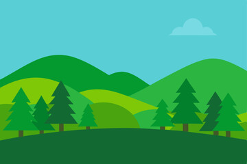 Obraz premium Vector illustration of a summer mountain landscape with trees, green grass, and blue sky