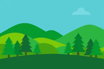 Gordijnen Vector illustration of a summer mountain landscape with trees, green grass, and blue sky © Arpita