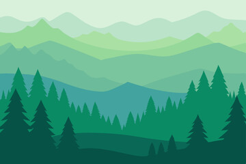 Winter mountain forest landscape with pine trees and a cold, blue sky