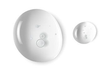 Clear white liquid gel for skin care with bubbles and particles. Example of gel stroke on skin.