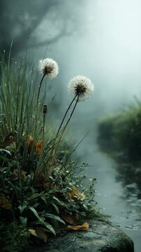 Delicate dandelion puffs beside a serene, misty stream in a tranquil landscape.