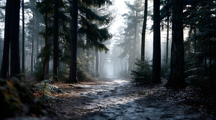 A quiet, mist-covered forest path at dawn, the soft light filtering through the trees, creating a melancholic yet peaceful atmosphere.
