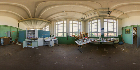 360-degree view of an abandoned pipe factory. Old furniture, workbenches, and decaying walls...