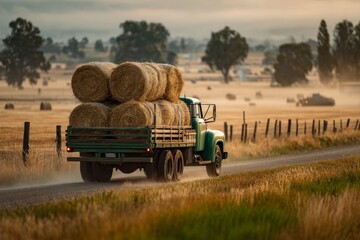 Obraz premium A green truck loaded with round hay bales travels down a dusty country road