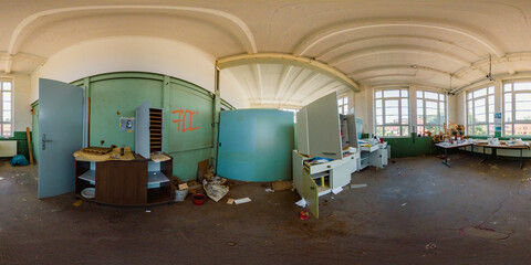360-degree view of an abandoned pipe factory. Old furniture, workbenches, and decaying walls...