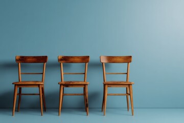 Three Scandinavian wooden chairs aligned against blue wall