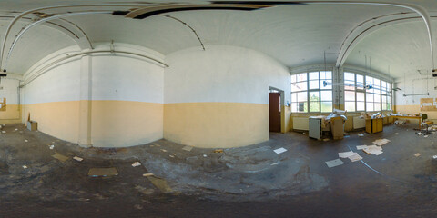 360-degree view of an abandoned pipe factory. Old furniture, workbenches, and decaying walls...