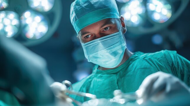 Surgeon in Green Scrubs and Mask Focused on Patient