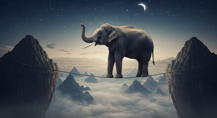 Naklejka premium An elephant balancing on a tightrope over mountains and clouds at night