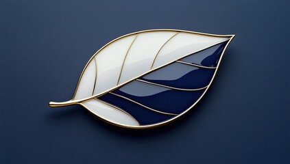 Elegant leaf-shaped brooch, white and navy blue enamel, gold accents