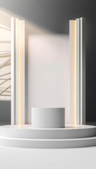 Fototapeta premium Sleek Modern Exhibition Stand with White Round Podium for Innovative Product Display and Showcase