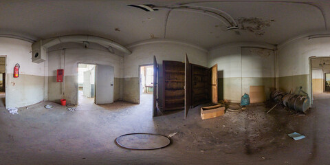 360-degree view of an abandoned pipe factory. Old furniture, workbenches, and decaying walls...