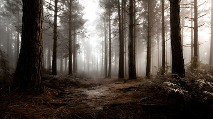 Obraz premium A quiet sepia pine forest, fog drifting through the trees, with soft light creating an intimate, romantic vintage mood.